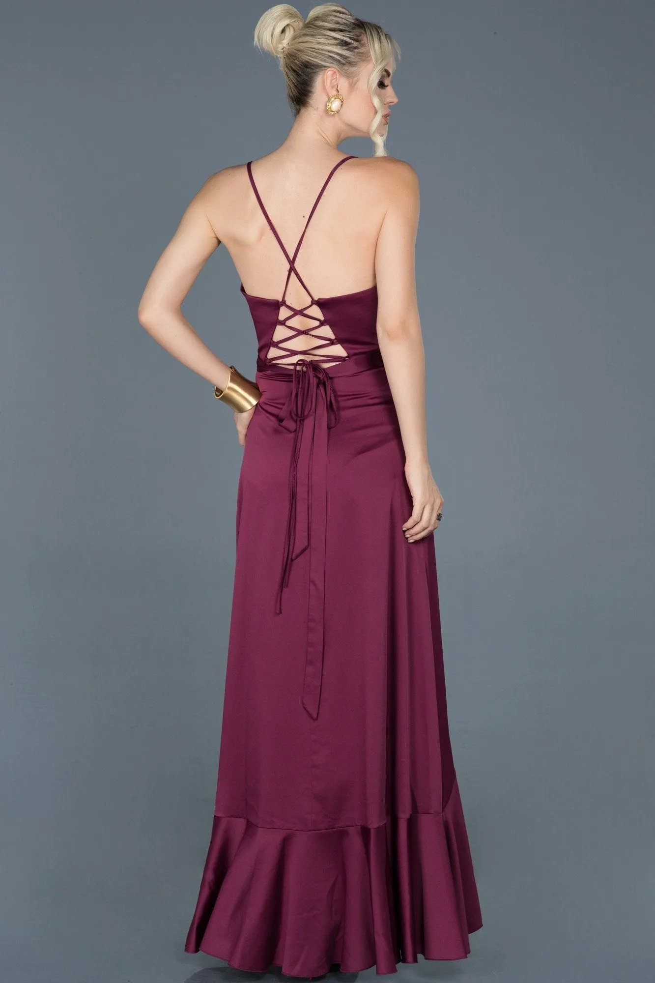 16030 Dark Plum Ruffle Slit Satin Dress