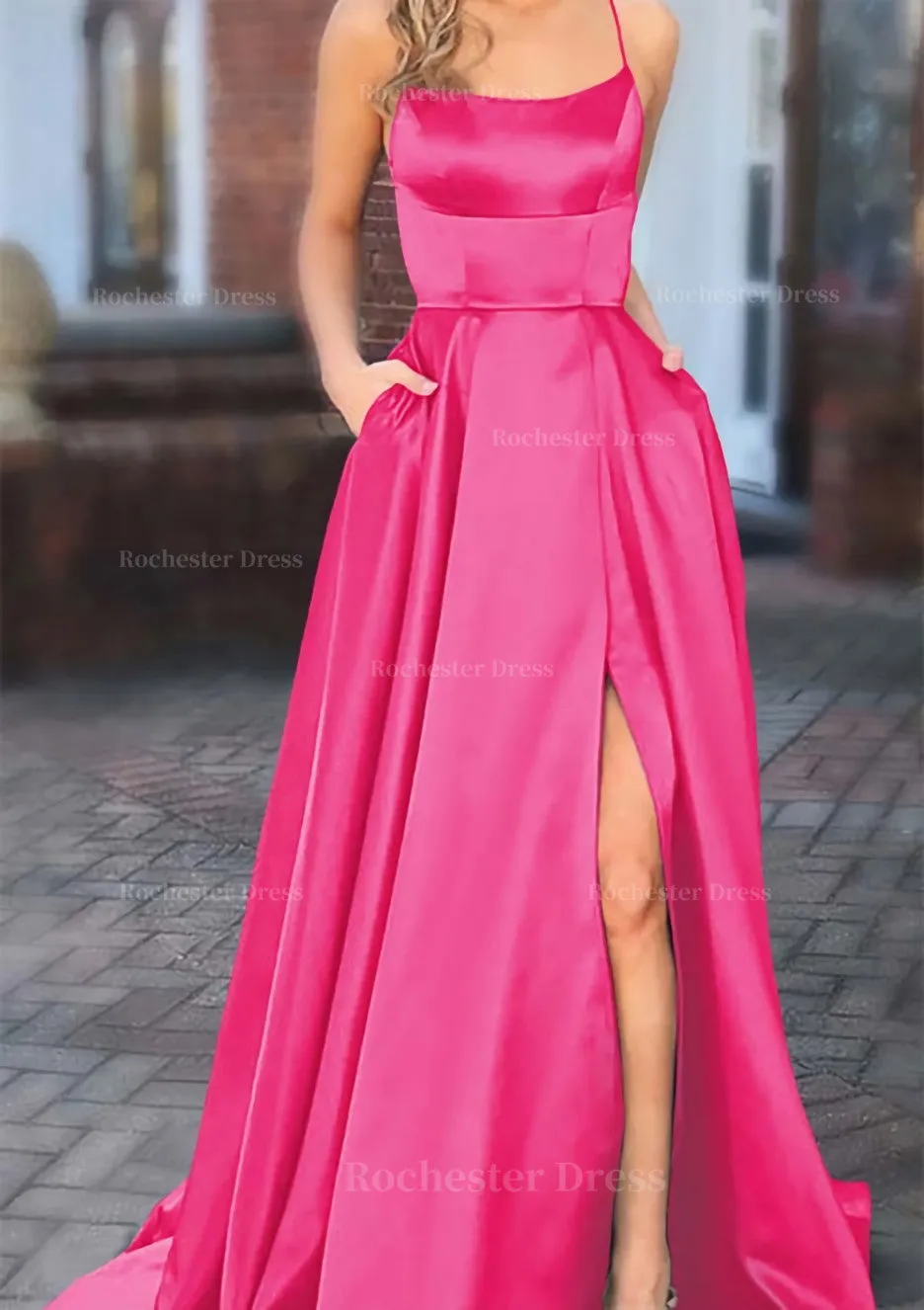 A-line Square Neckline Spaghetti Straps Sweep Train Charmeuse Prom Dress With Pockets Split