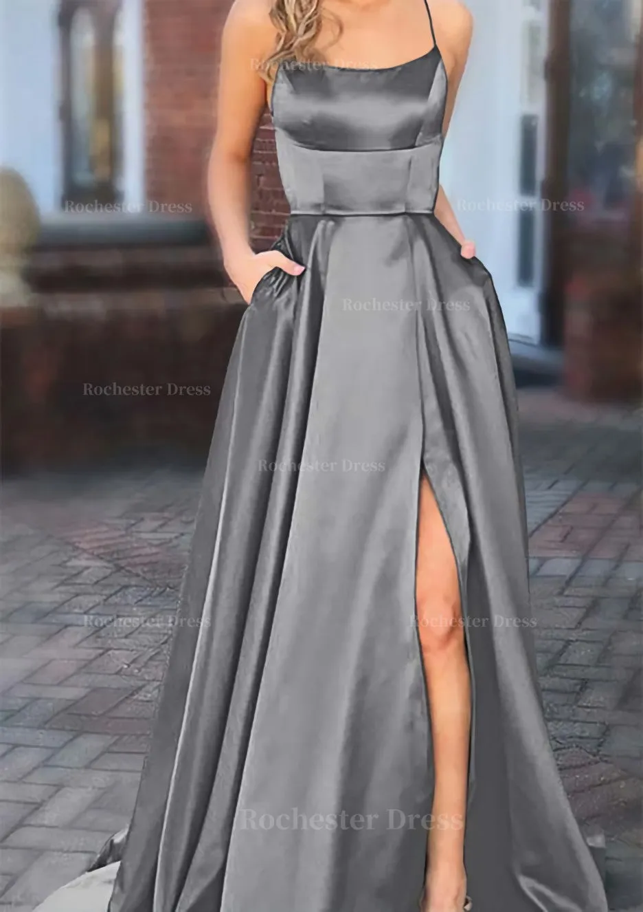 A-line Square Neckline Spaghetti Straps Sweep Train Charmeuse Prom Dress With Pockets Split