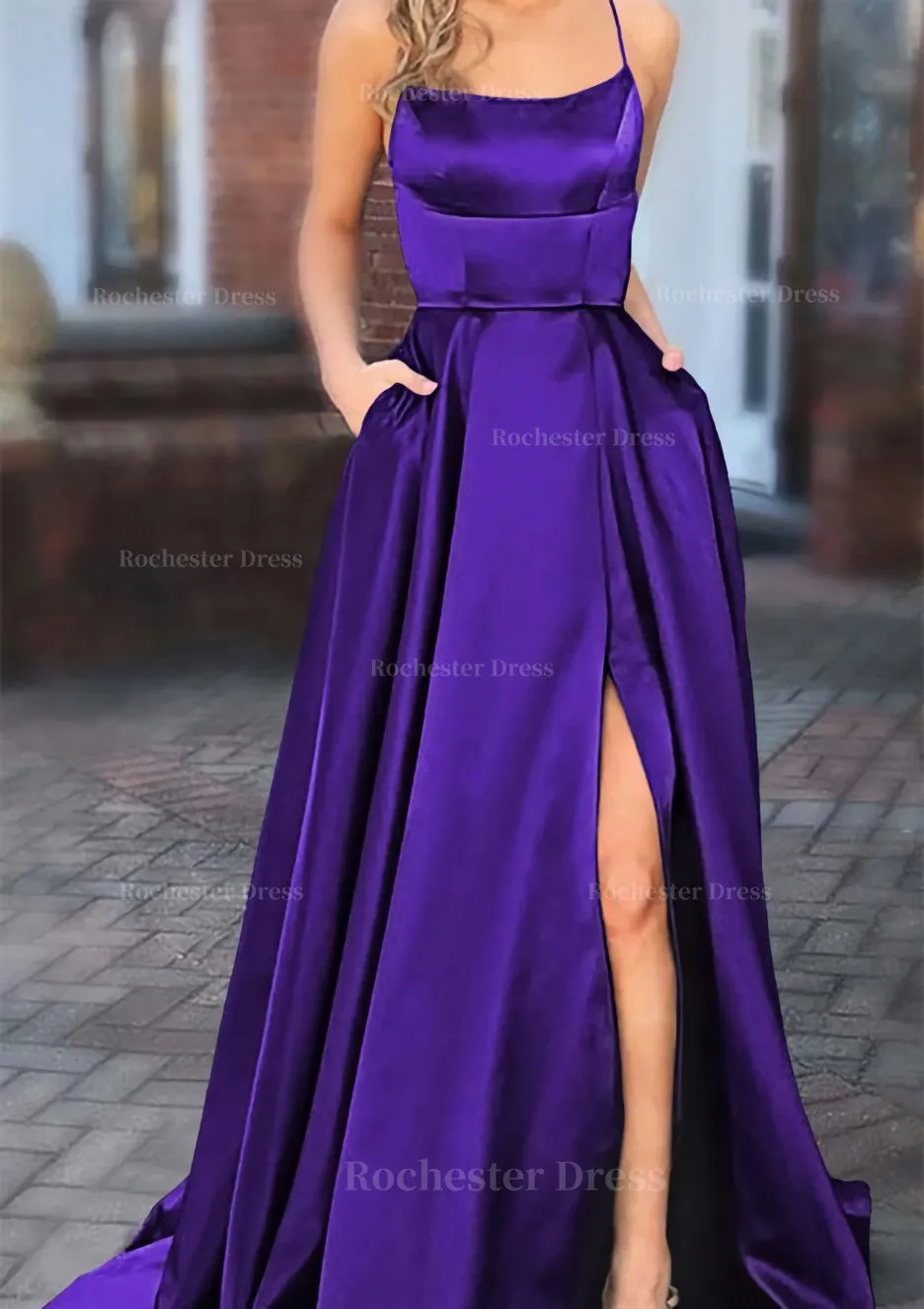 A-line Square Neckline Spaghetti Straps Sweep Train Charmeuse Prom Dress With Pockets Split