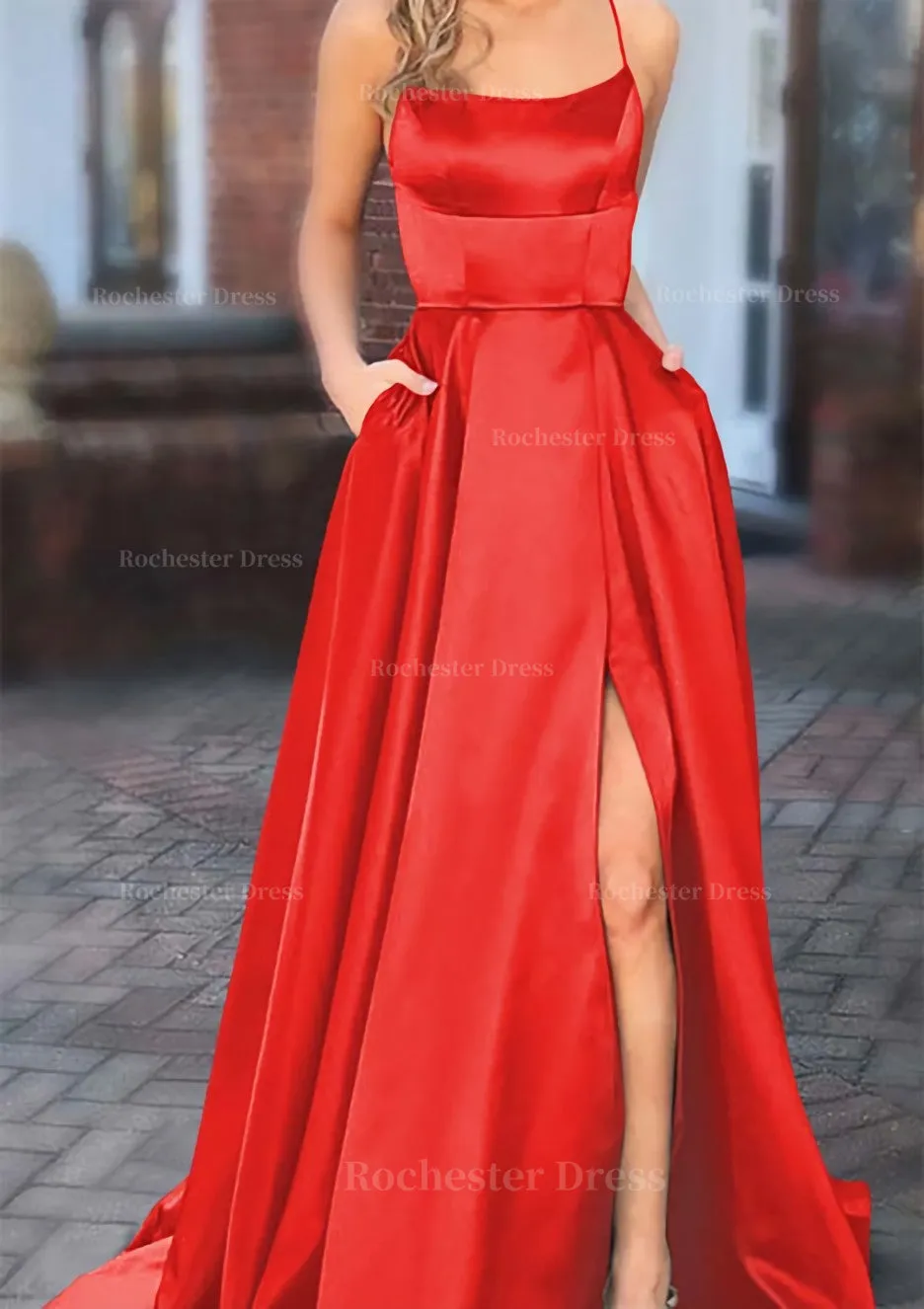 A-line Square Neckline Spaghetti Straps Sweep Train Charmeuse Prom Dress With Pockets Split