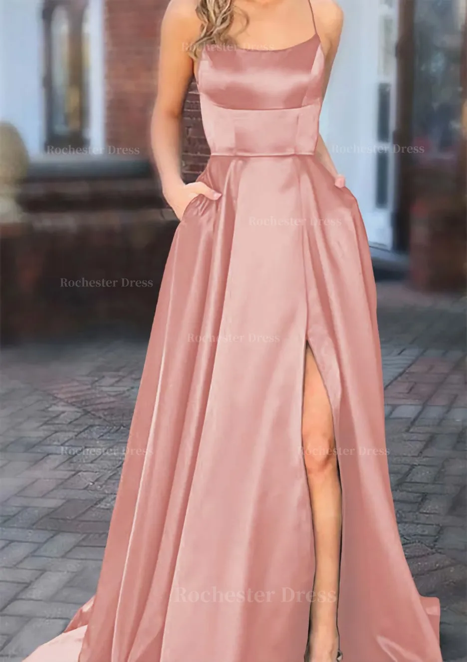 A-line Square Neckline Spaghetti Straps Sweep Train Charmeuse Prom Dress With Pockets Split