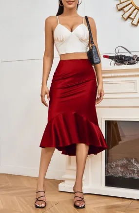 ALCEA ROSEA Women High Waist Satin Skirt Fishtail Silky Skirts Bodycon Stretchy Mermaid Pencil Midi Skirt Wine