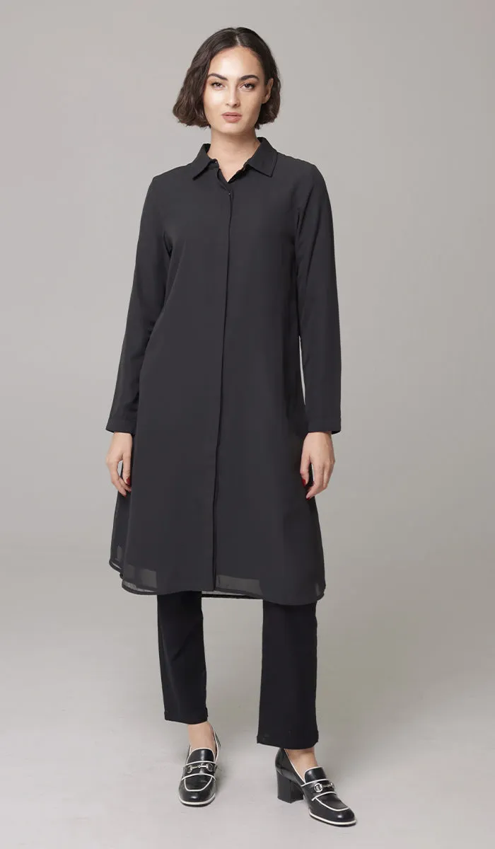 Asra Long Flowy Buttondown Shirt Jacket - Black - PREORDER (ships in 2 weeks)