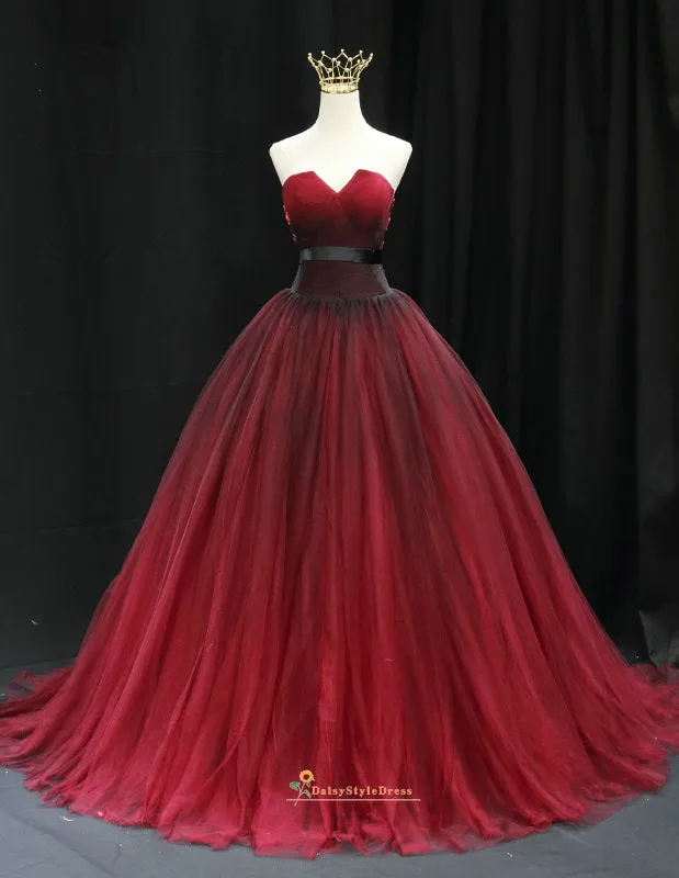 Ball Gown Black and Red Tulle Wedding Dress