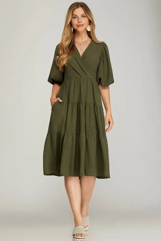 BALLOON SLEEVE WOVEN TIERED WRAP DRESS