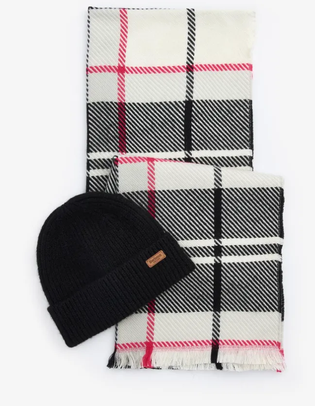 Barbour Womens Pendle Beanie & Blair Scarf Gift Set Hot Pink Monochrome