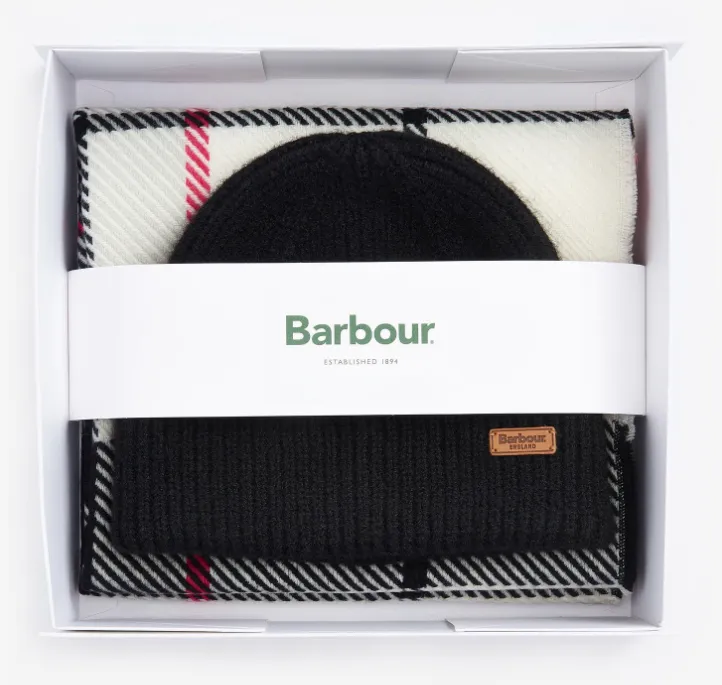 Barbour Womens Pendle Beanie & Blair Scarf Gift Set Hot Pink Monochrome