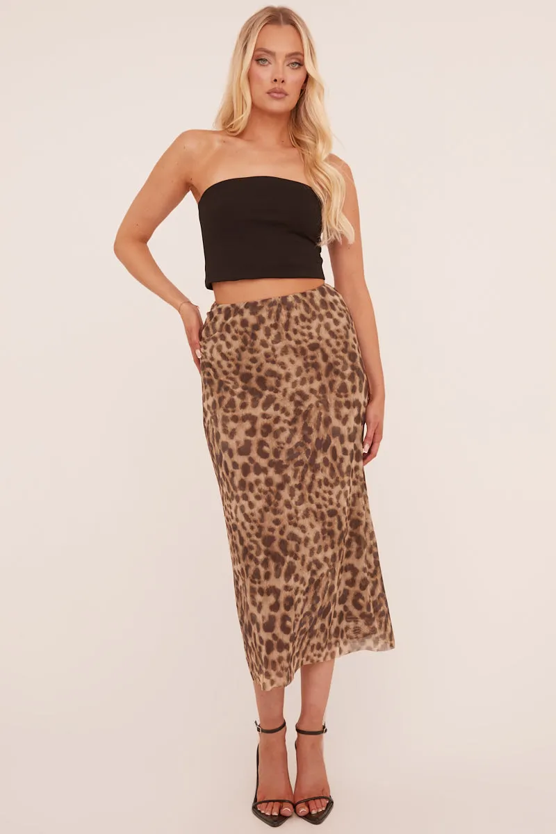 Beige Leopard Print Midi Skirt - Avina