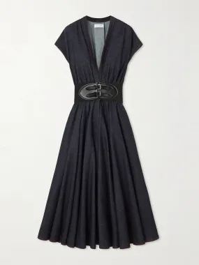 Belted denim midi wrap dress