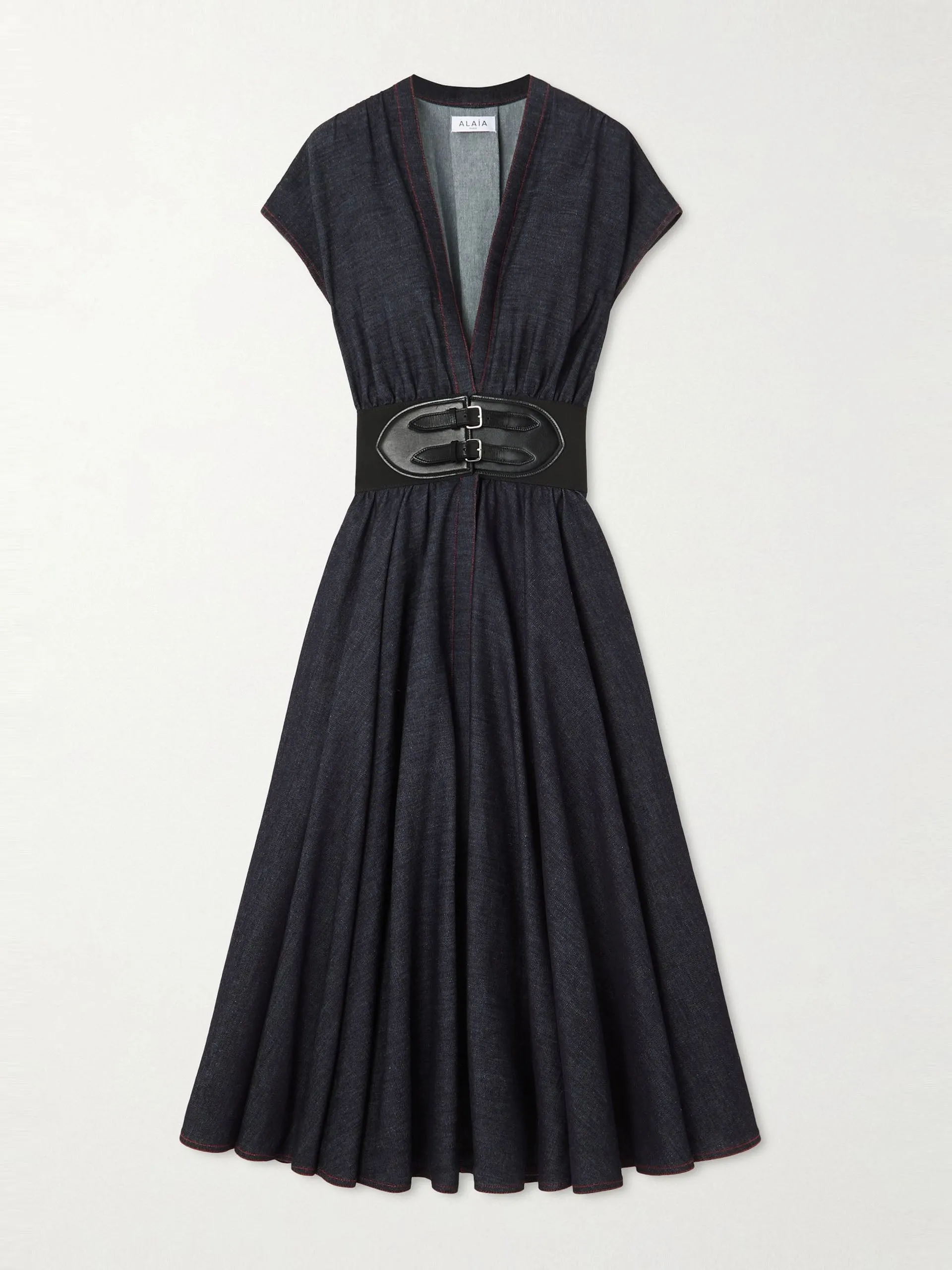 Belted denim midi wrap dress