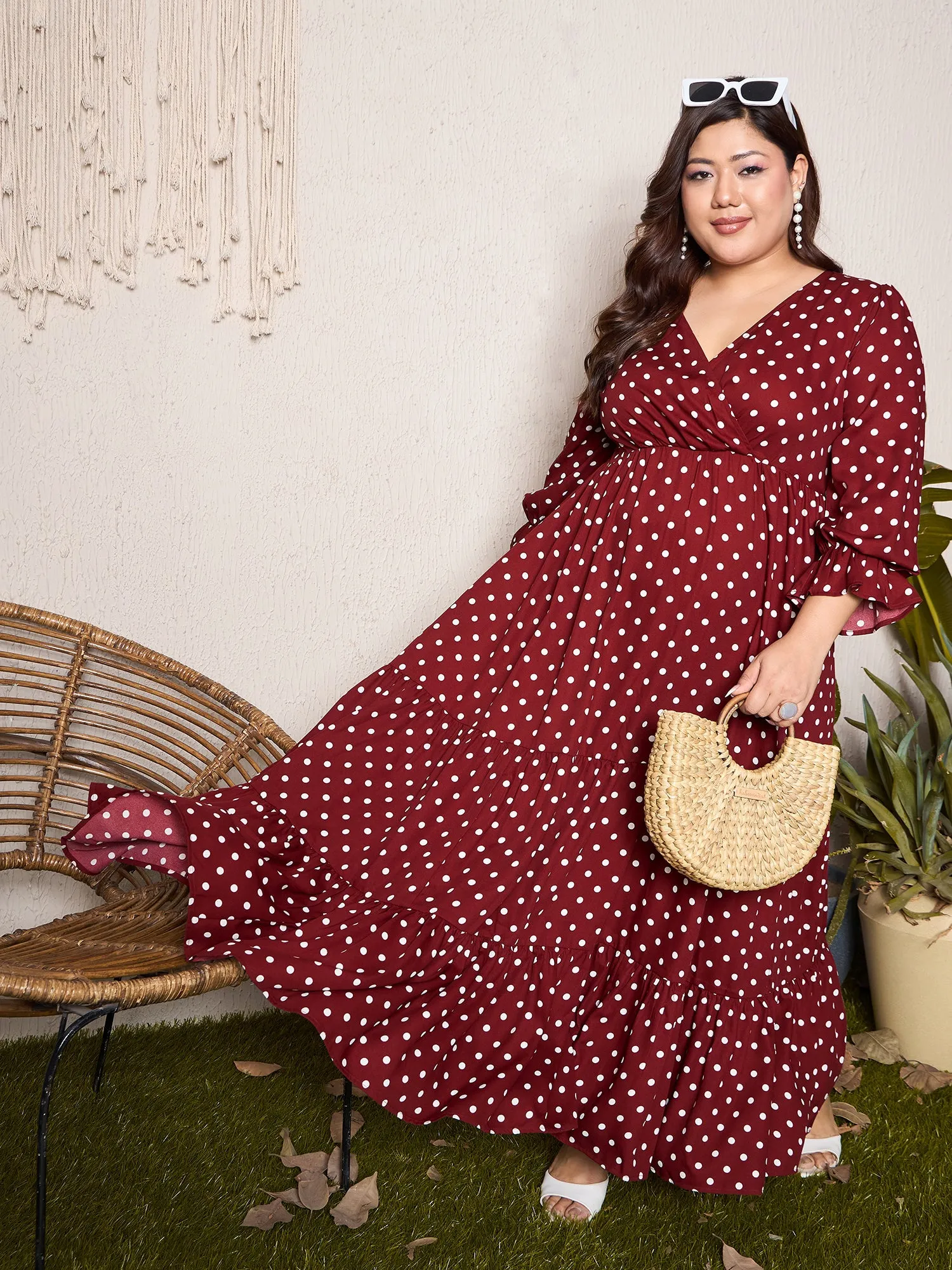 Berrylush Curve Women Red & White Polka Dot Printed V-Neck Bishop Sleeves Wrap Ruffled Maxi Dress