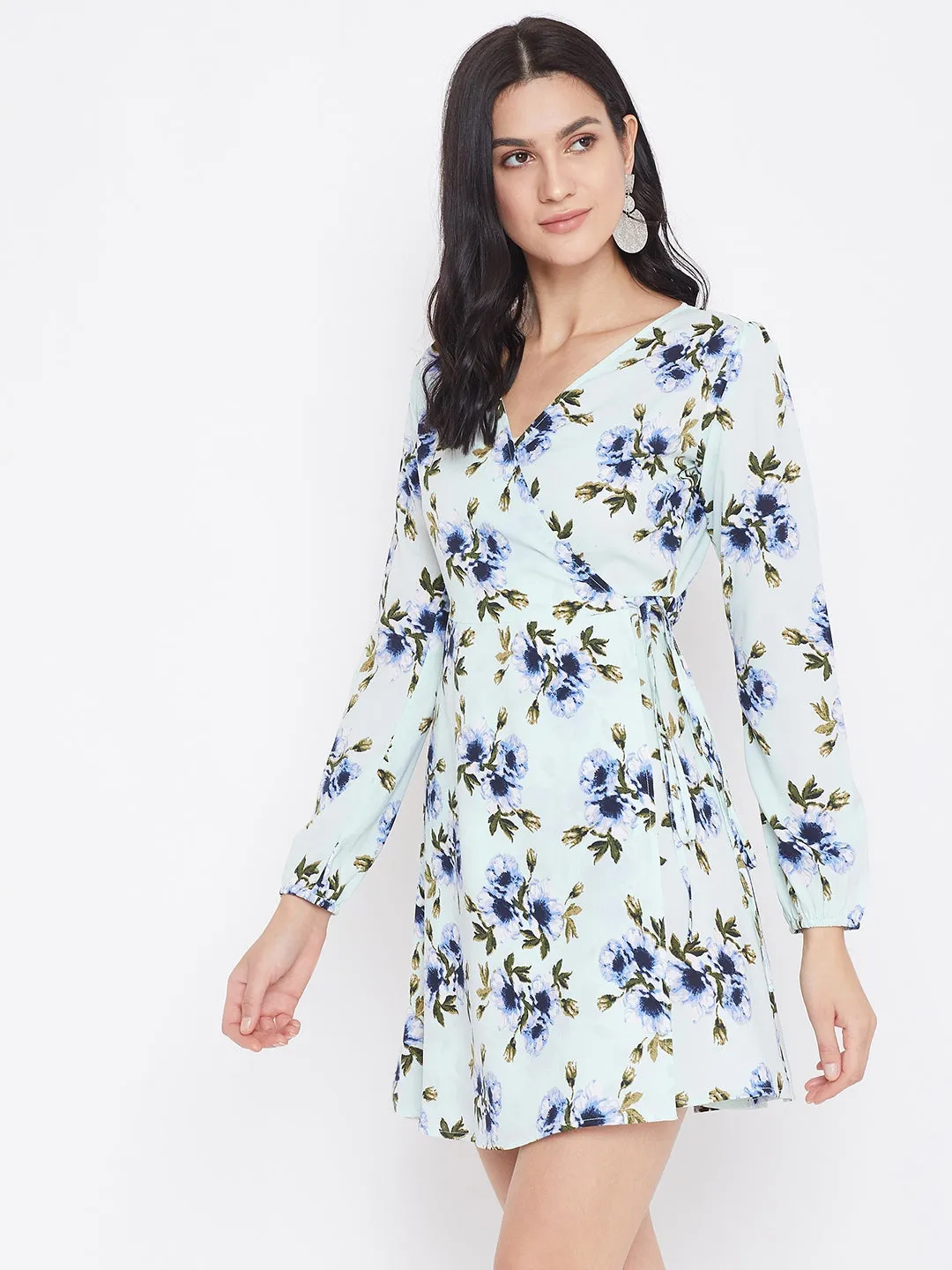 Berrylush Women Green Floral Printed A-Line Wrap Dress