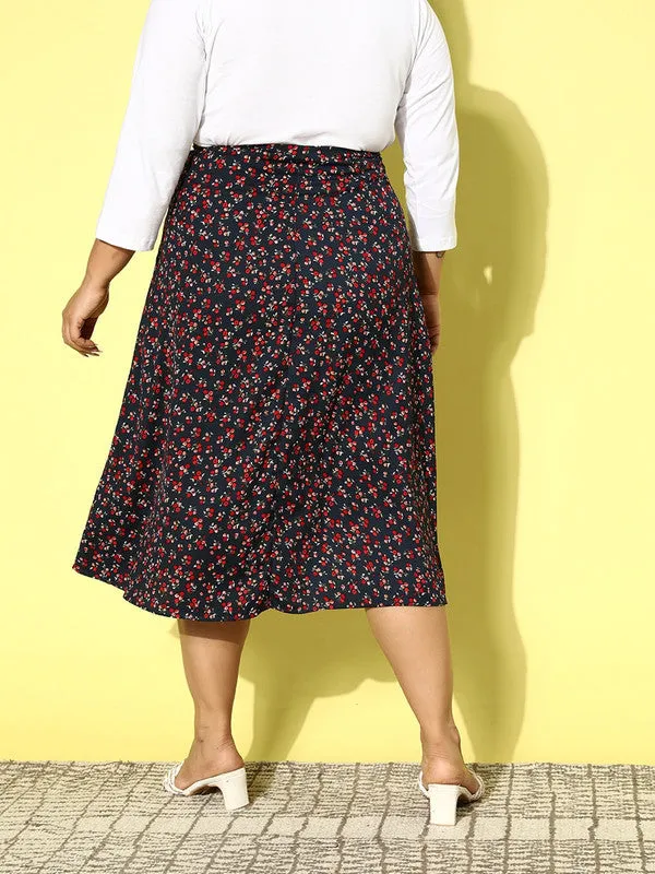 Berrylush Women Plus Size Navy Blue & Red Ditsy Floral Printed Crepe Zipper-Up Thigh-High Slit Flared A-Line Midi Skirt