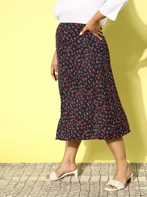 Berrylush Women Plus Size Navy Blue & Red Ditsy Floral Printed Crepe Zipper-Up Thigh-High Slit Flared A-Line Midi Skirt