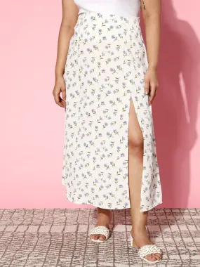 Berrylush Women Plus Size White & Blue Floral Printed Thigh-High Slit Curved Hem A-Line Midi Skirt