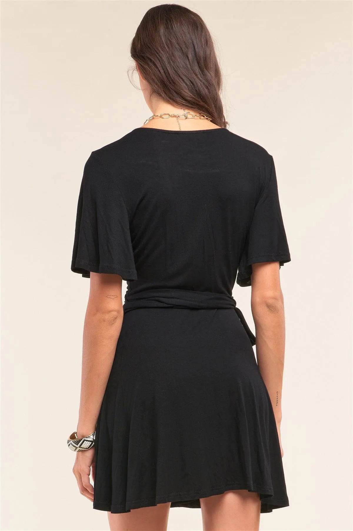 Black Deep Plunge V-Neck Self-Tie Wrap Flare Sleeve Mini Dress /1-2-2-1