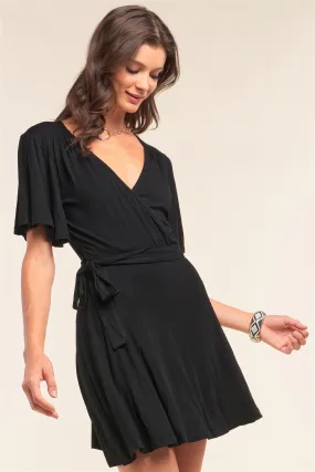 Black Deep Plunge V-Neck Self-Tie Wrap Flare Sleeve Mini Dress /1-2-2-1