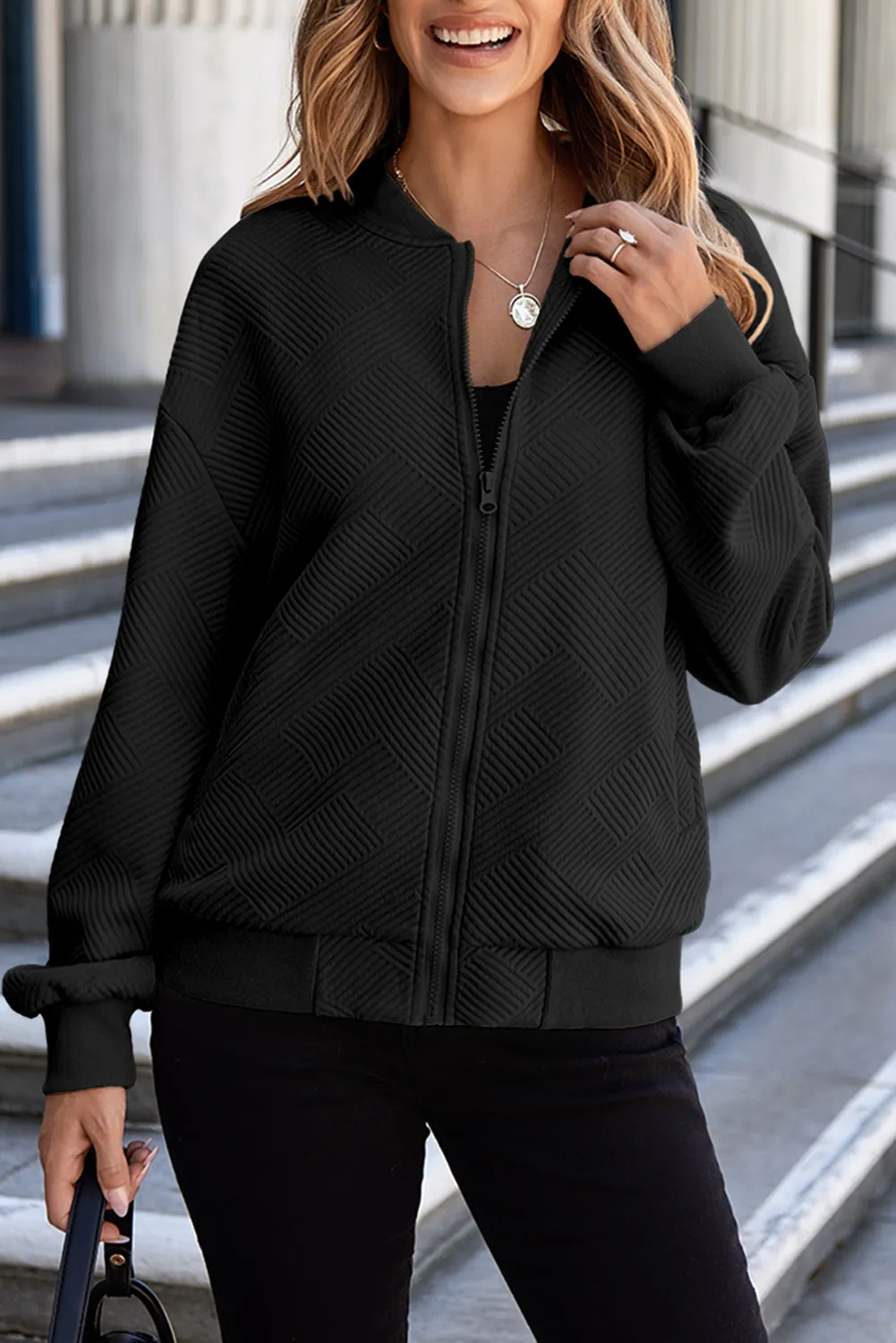 Black Solid Textured Stand Neck Zipper Bomber Jacket