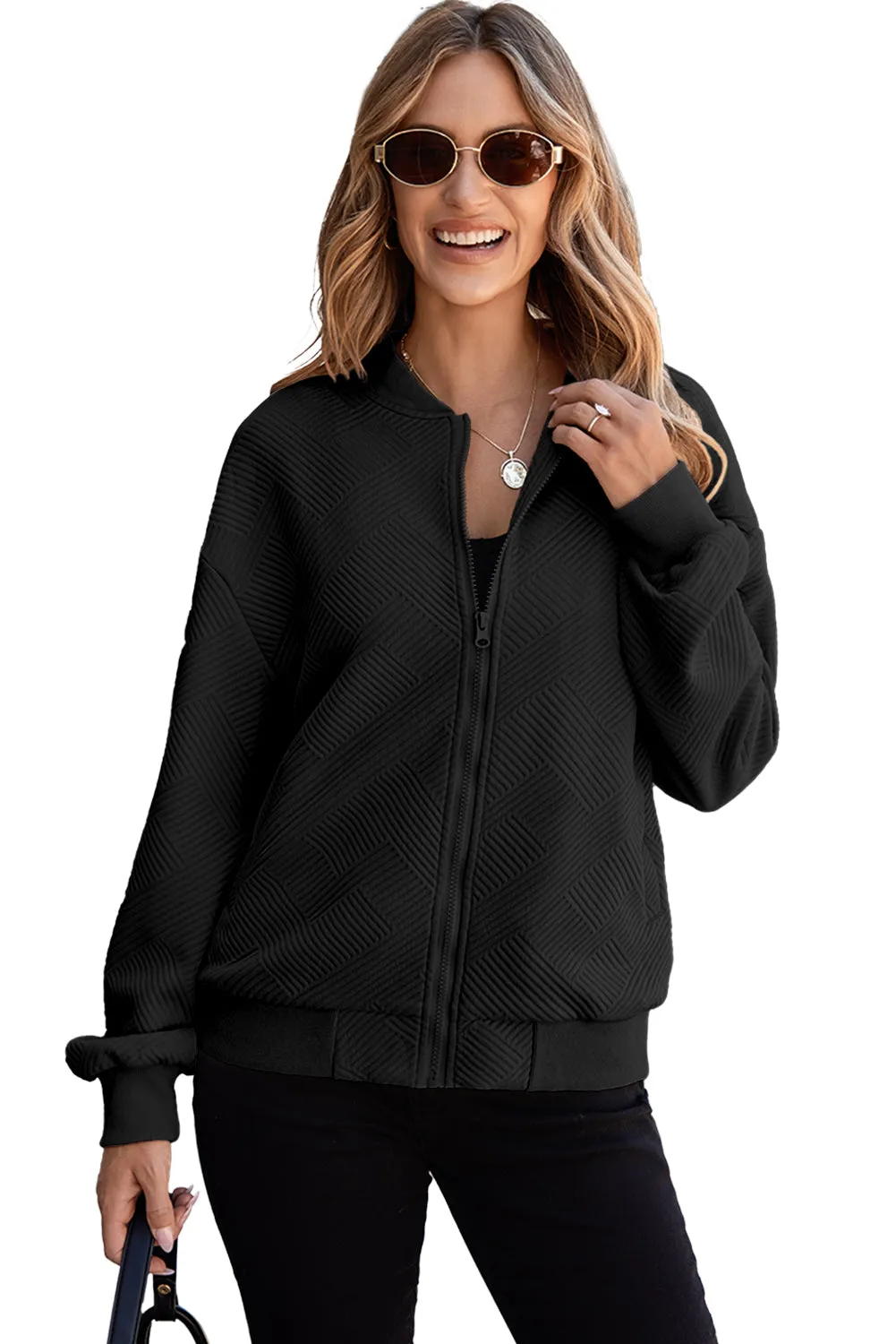 Black Solid Textured Stand Neck Zipper Bomber Jacket