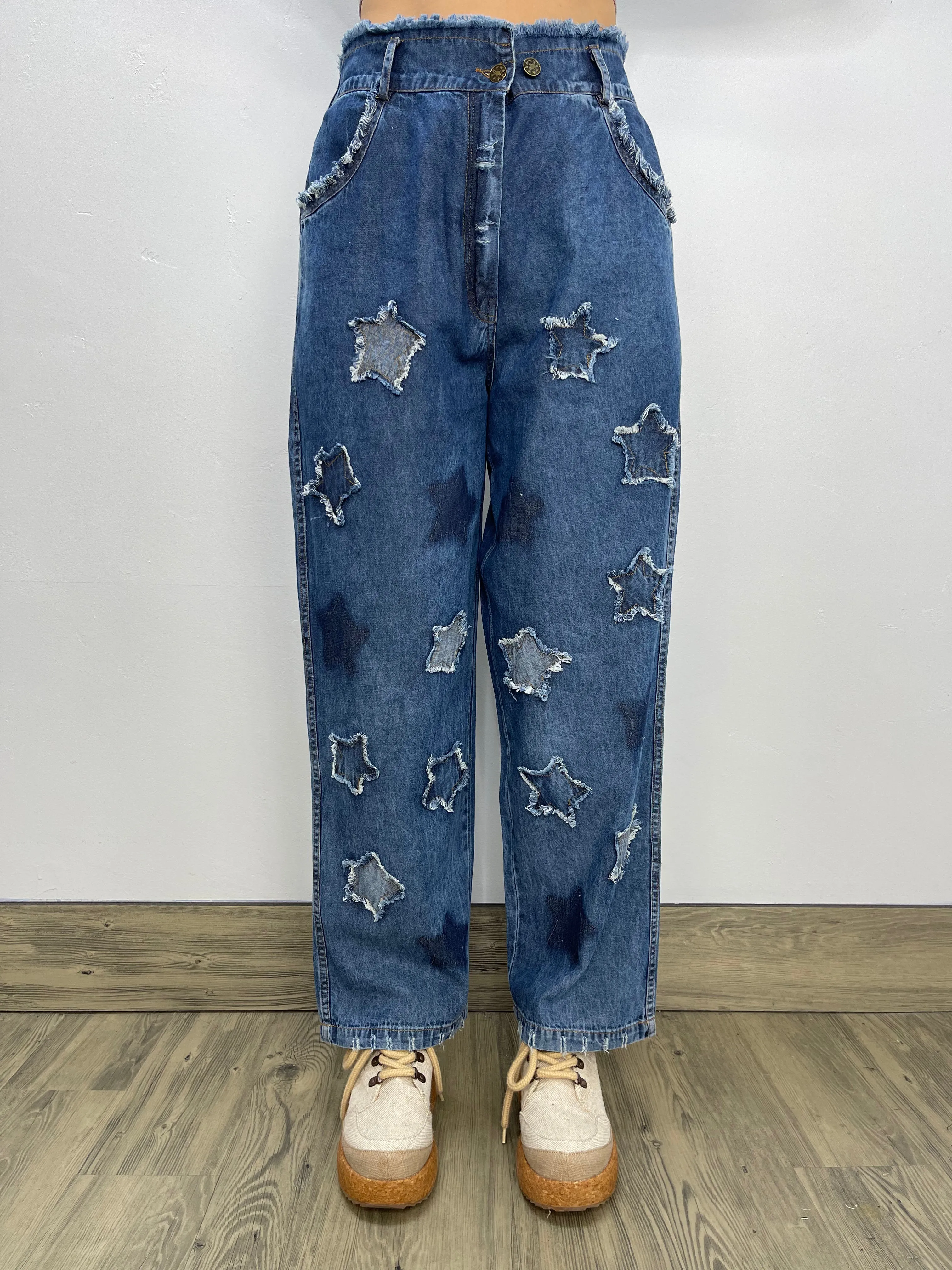 Blue Distress Star Denim Jeans with Yellow Accents