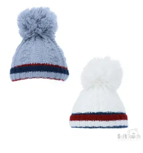 Boys Cable Hat W/Striped T/O & Pom Pom  No. H504-SM