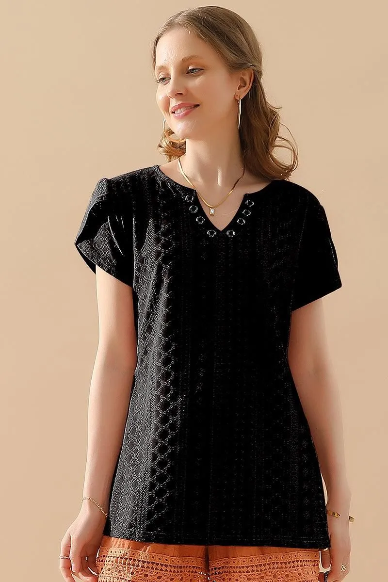 BUCKLED V NECK PUNCHING LACE TULIP SLEEVE TEE