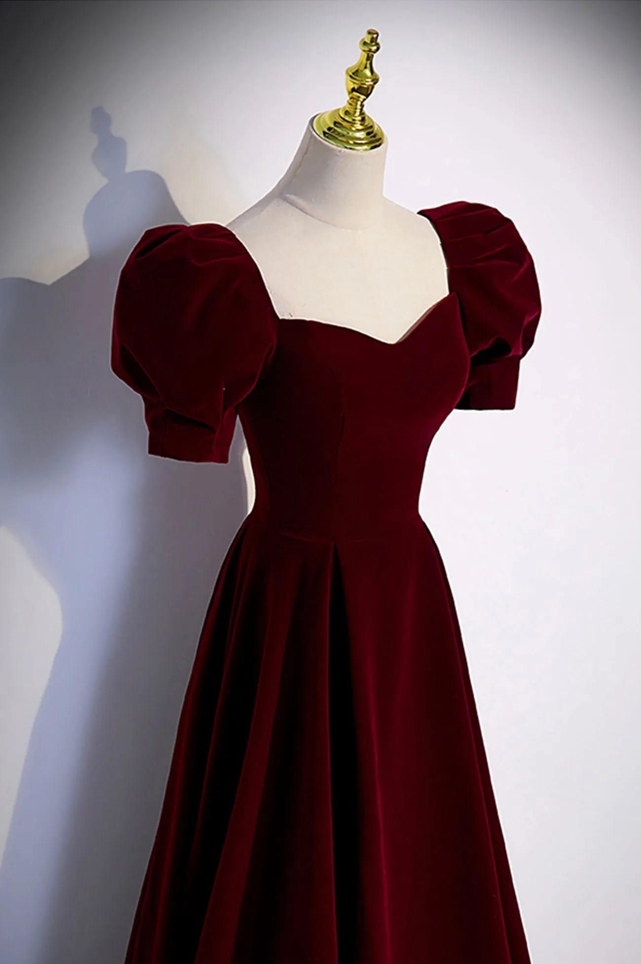 Burgundy Velvet Long A-Line Prom Dress, Simple Short Sleeve Party Dress