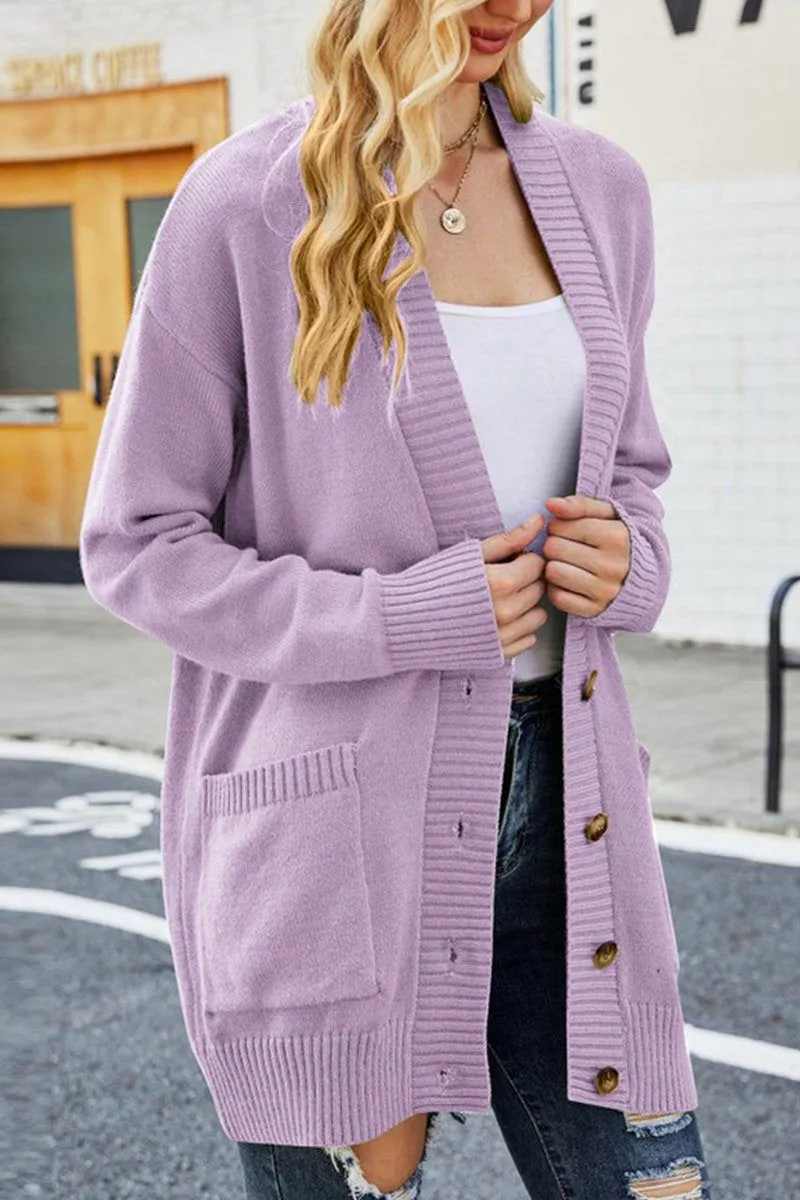 BUTTON CLOSURE RIBBED KNIT CARDIGAN WITH POCKETS