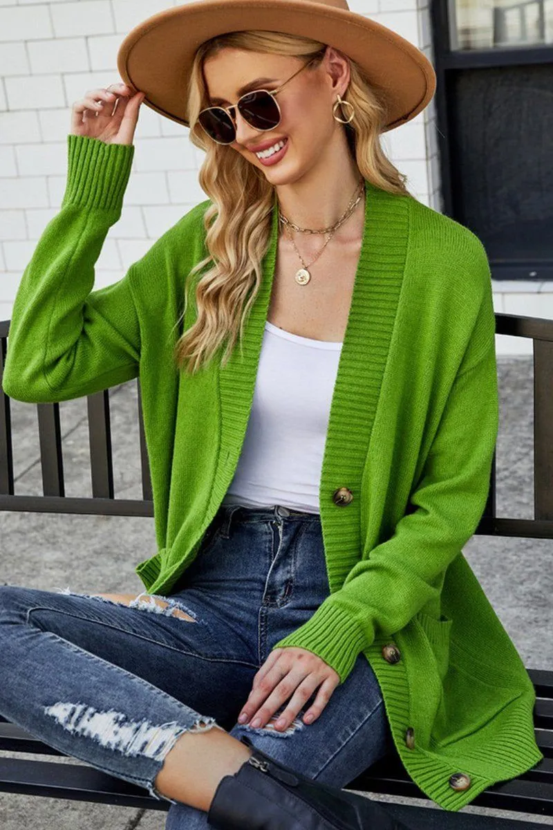 BUTTON CLOSURE RIBBED KNIT CARDIGAN WITH POCKETS