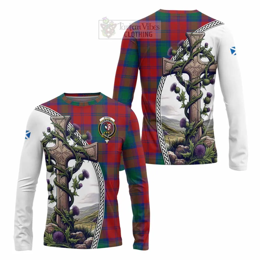 Byres (Byses) Tartan Long Sleeve T-Shirt with Family Crest and St. Andrew's Cross Accented by Thistle Vines