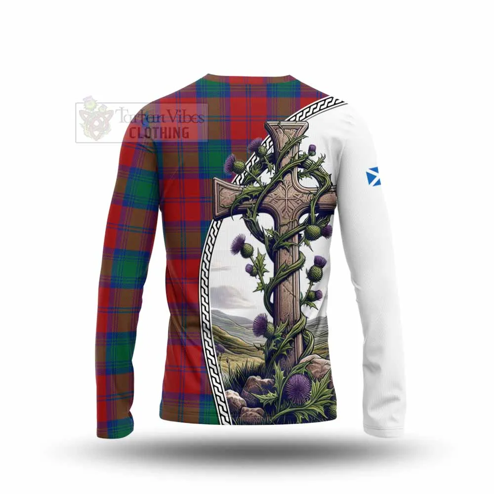 Byres (Byses) Tartan Long Sleeve T-Shirt with Family Crest and St. Andrew's Cross Accented by Thistle Vines