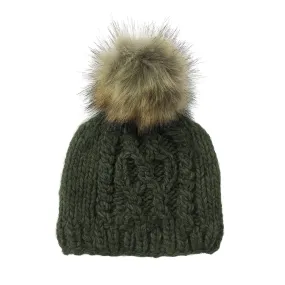 Cable Knit Fur Pom Hat, Rifle Green