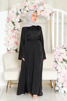 Celene Beaded Wrap Abaya Set- Black