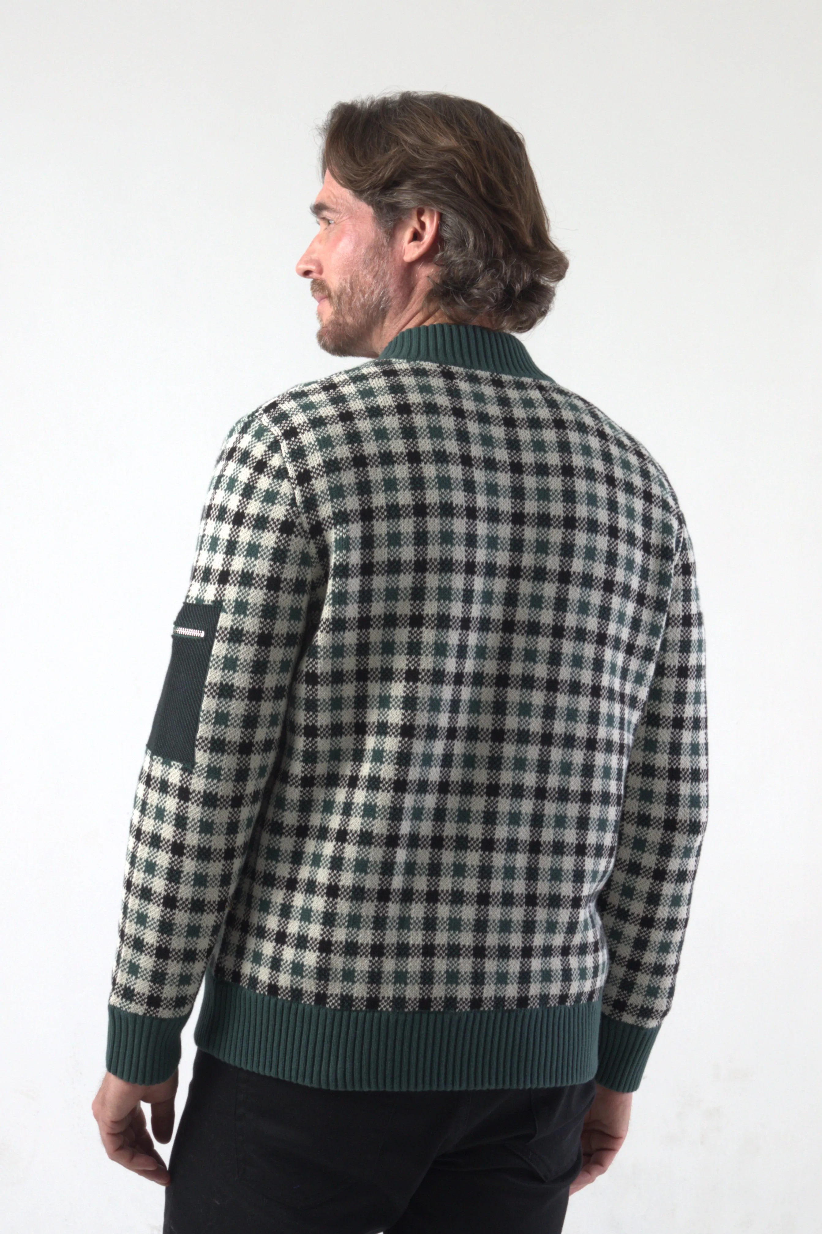 Checker Jacquard Knit Bomber Jacket