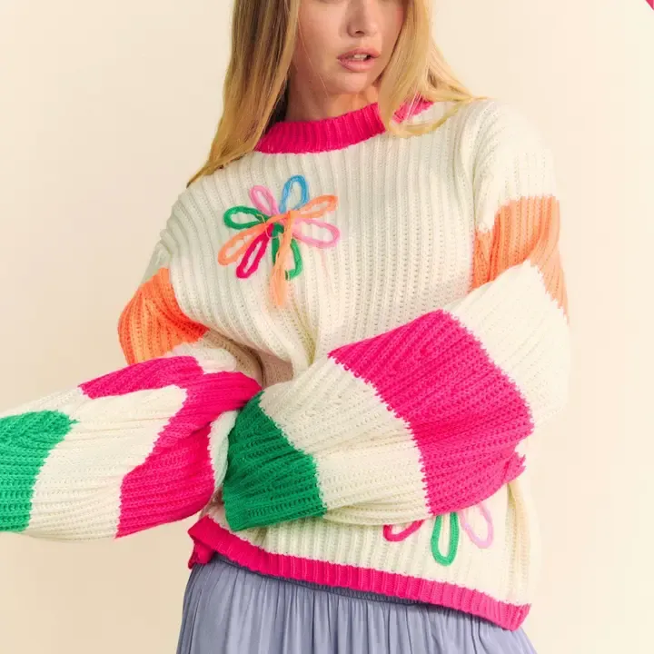 Chunky Thread Flower Multi Striped Sweater