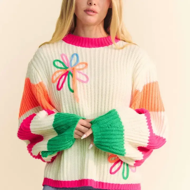 Chunky Thread Flower Multi Striped Sweater