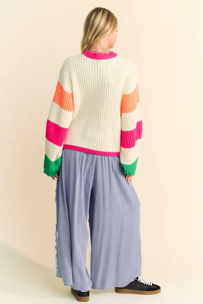 Chunky Thread Flower Multi Striped Sweater