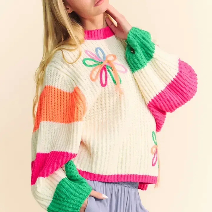 Chunky Thread Flower Multi Striped Sweater