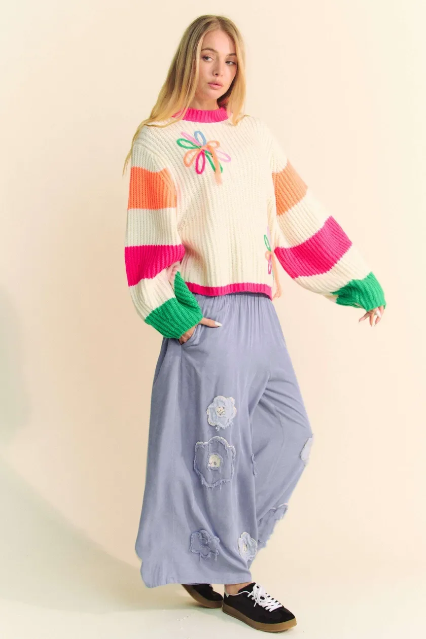 Chunky Thread Flower Multi Striped Sweater