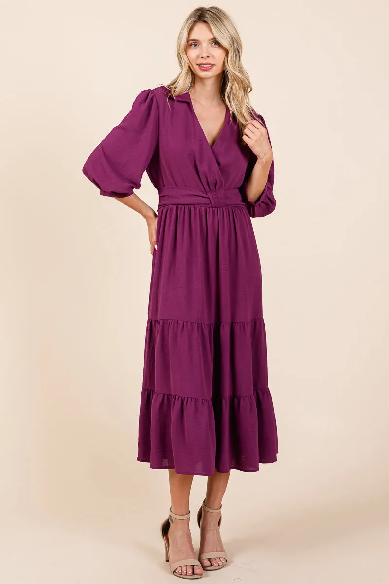 Collared V Neck Knotted Smock Waist Tiered Dress