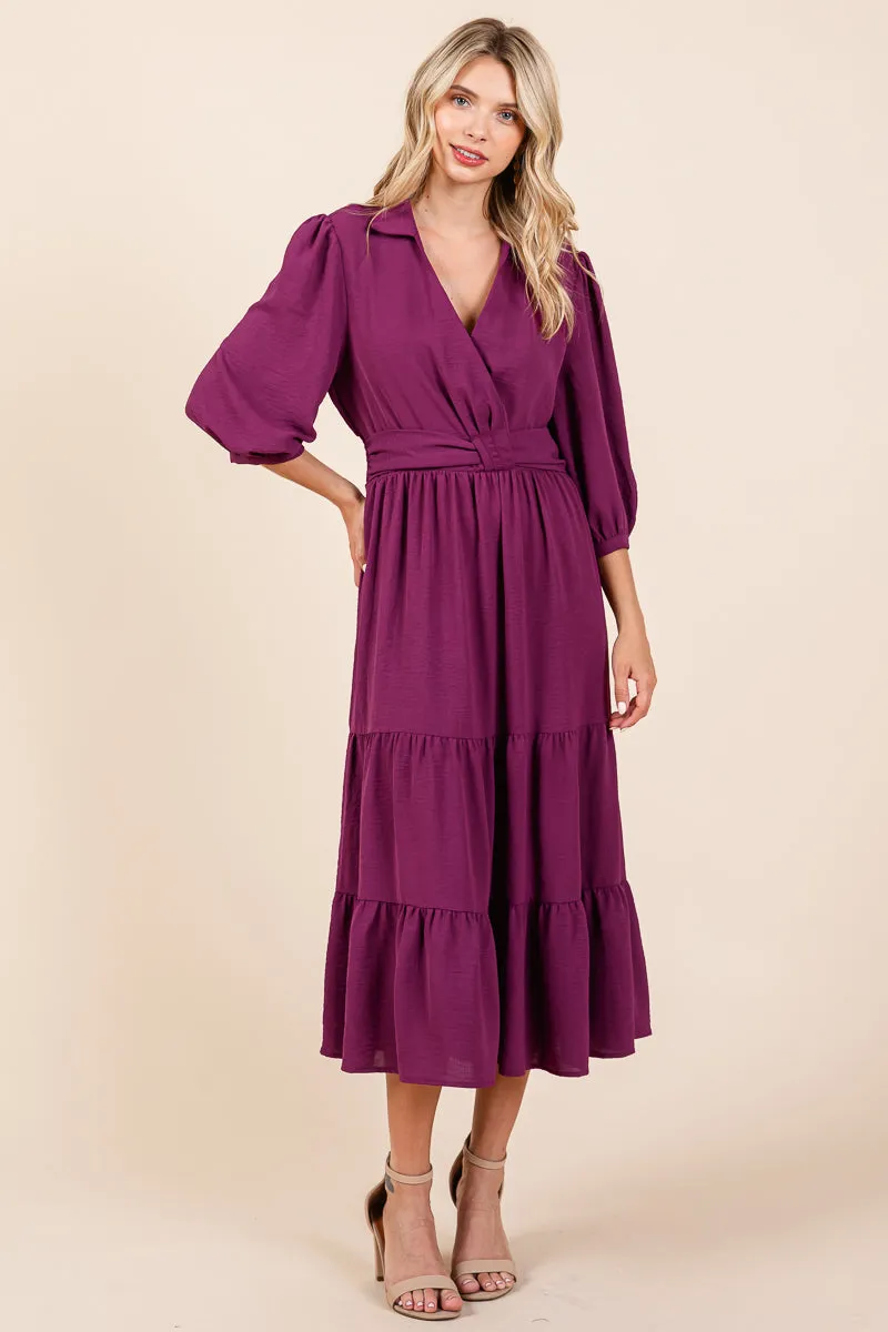 Collared V Neck Knotted Smock Waist Tiered Dress