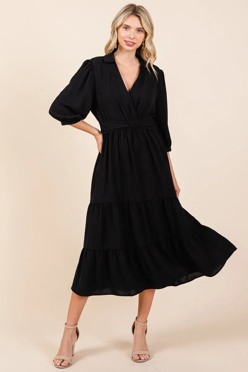 Collared V Neck Knotted Smock Waist Tiered Dress