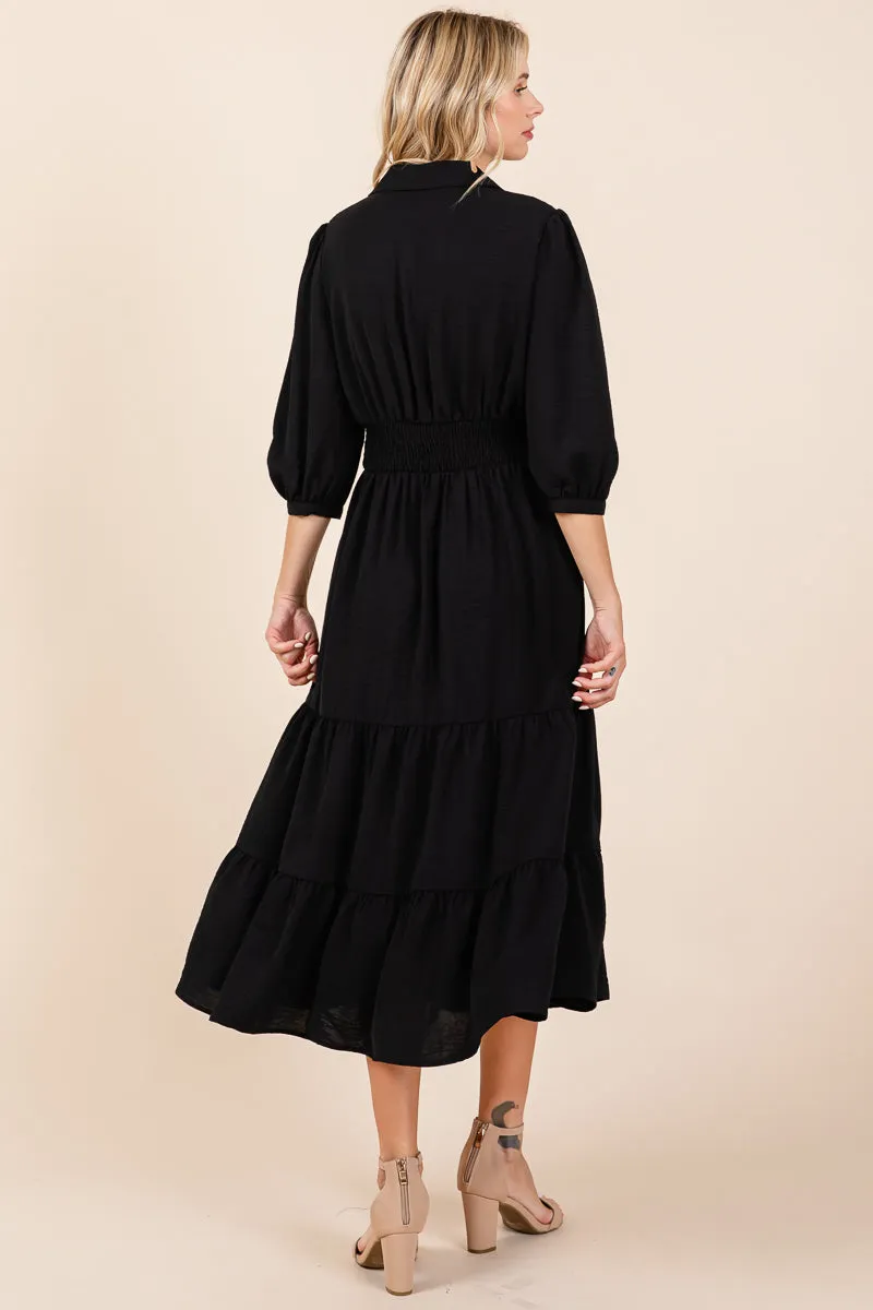 Collared V Neck Knotted Smock Waist Tiered Dress