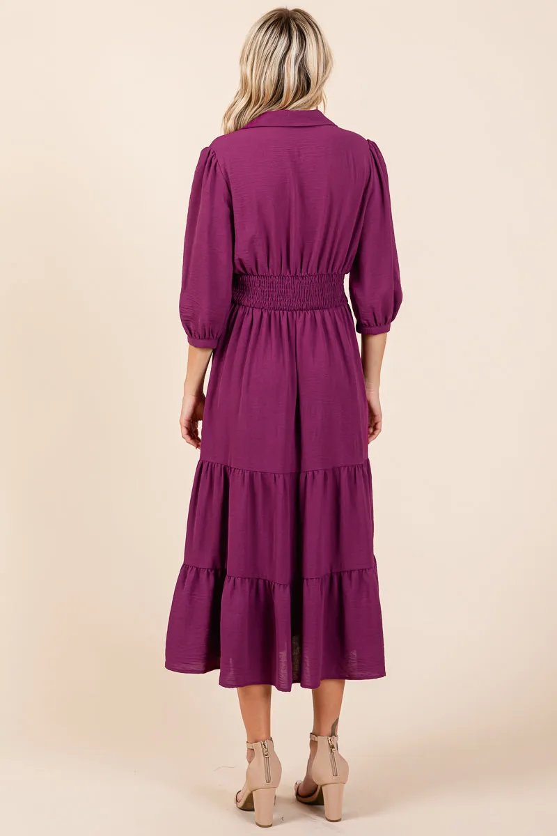 Collared V Neck Knotted Smock Waist Tiered Dress