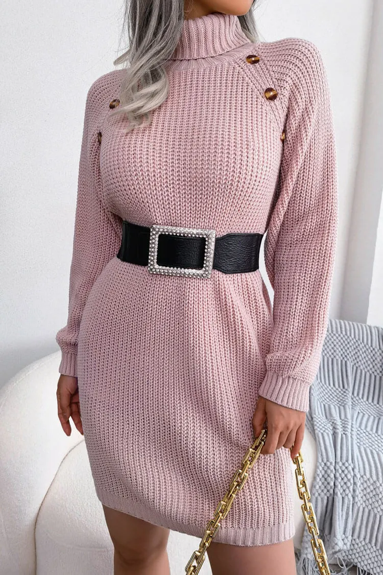 Cozy Winter Button Trim Ribbed Turtleneck Sweater Mini Dress - Pink