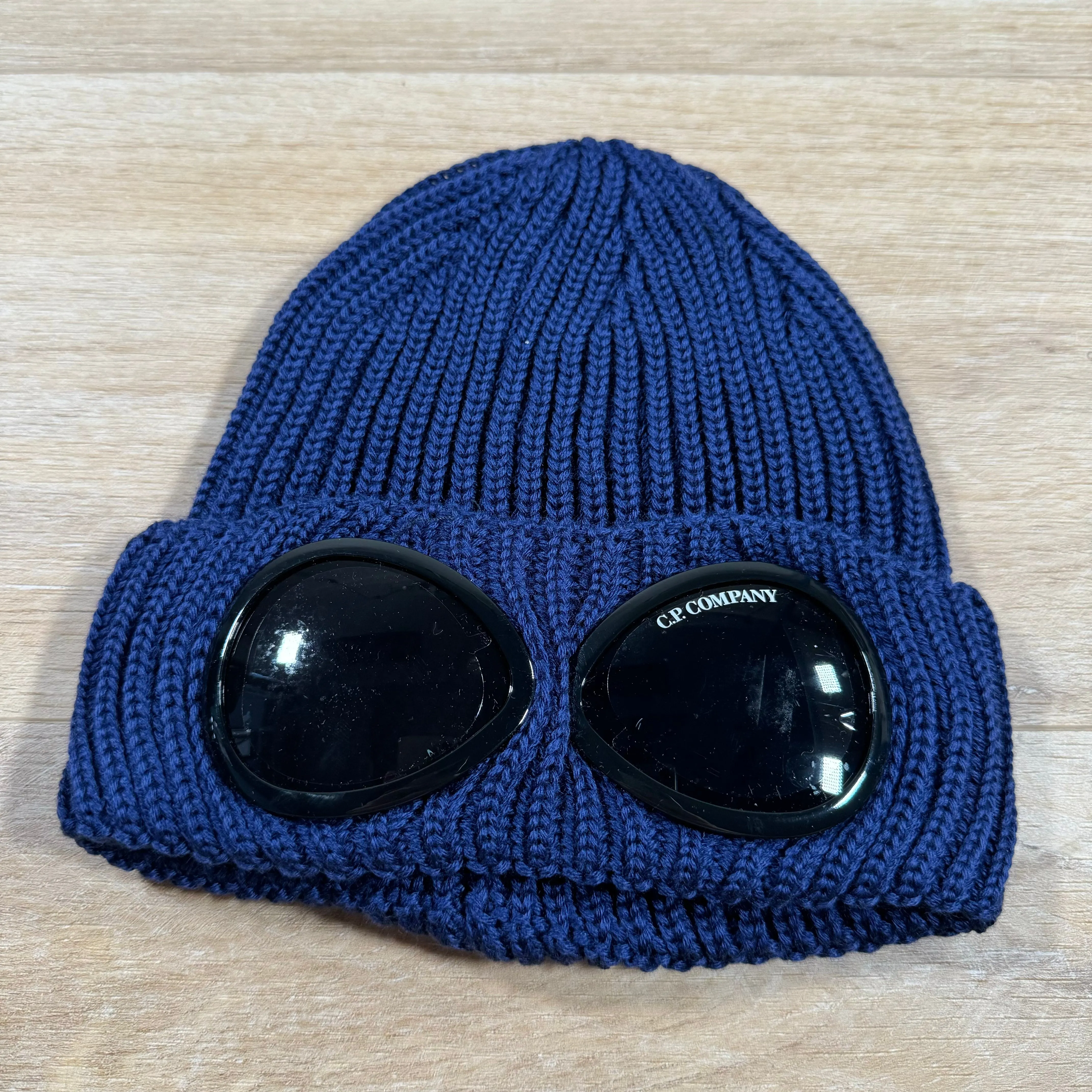 C.P. Company Extra Fine Merino Wool Goggle Beanie in Estate Blue