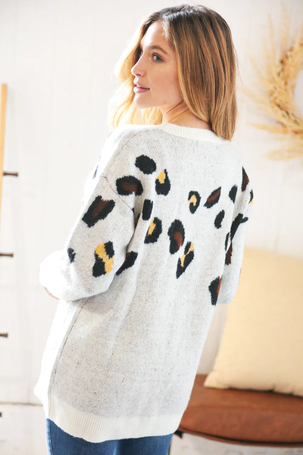 Cream Jacquard Fuzzy Leopard Print Oversized Sweater