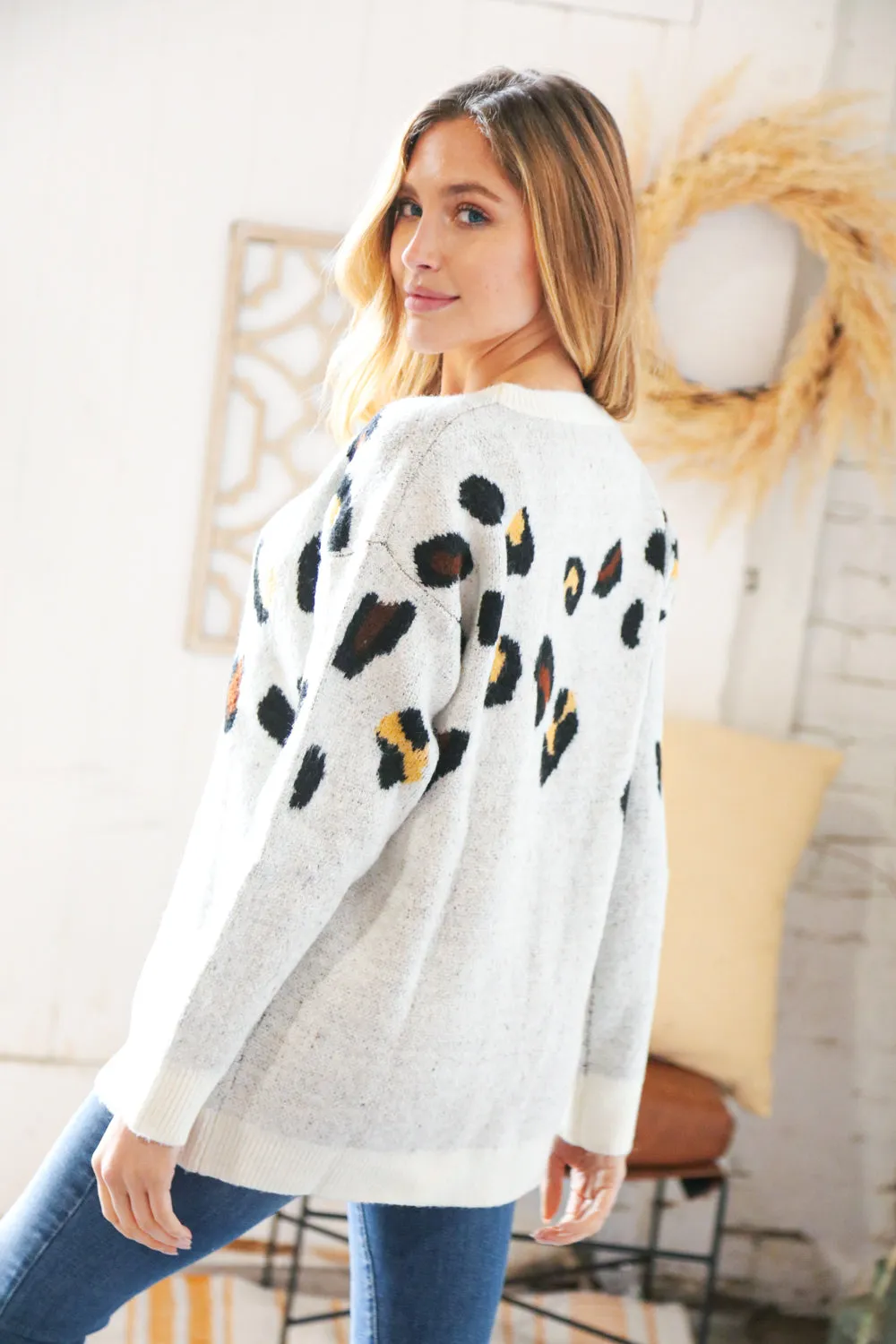 Cream Jacquard Fuzzy Leopard Print Oversized Sweater