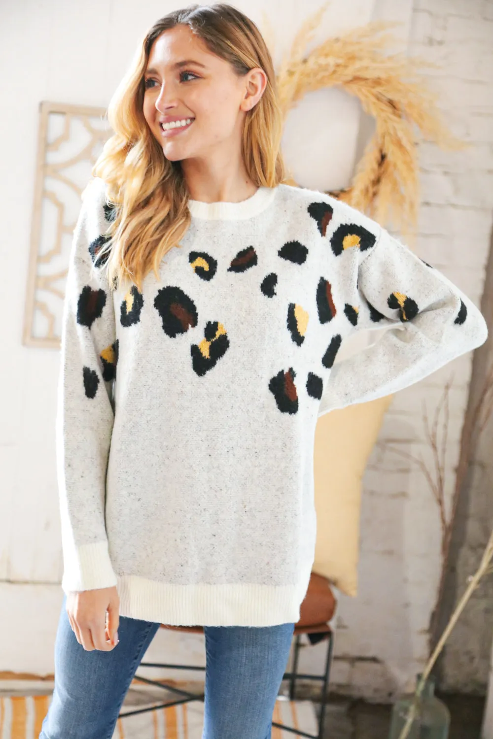 Cream Jacquard Fuzzy Leopard Print Oversized Sweater